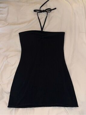Black Halter Mini Dress with Tie Neck